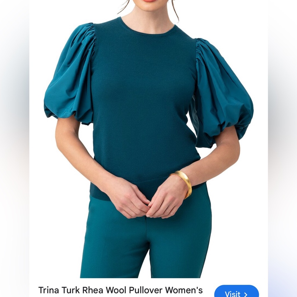 Trina Turk Teal Puff Sleeve Blouse Rhea NWT